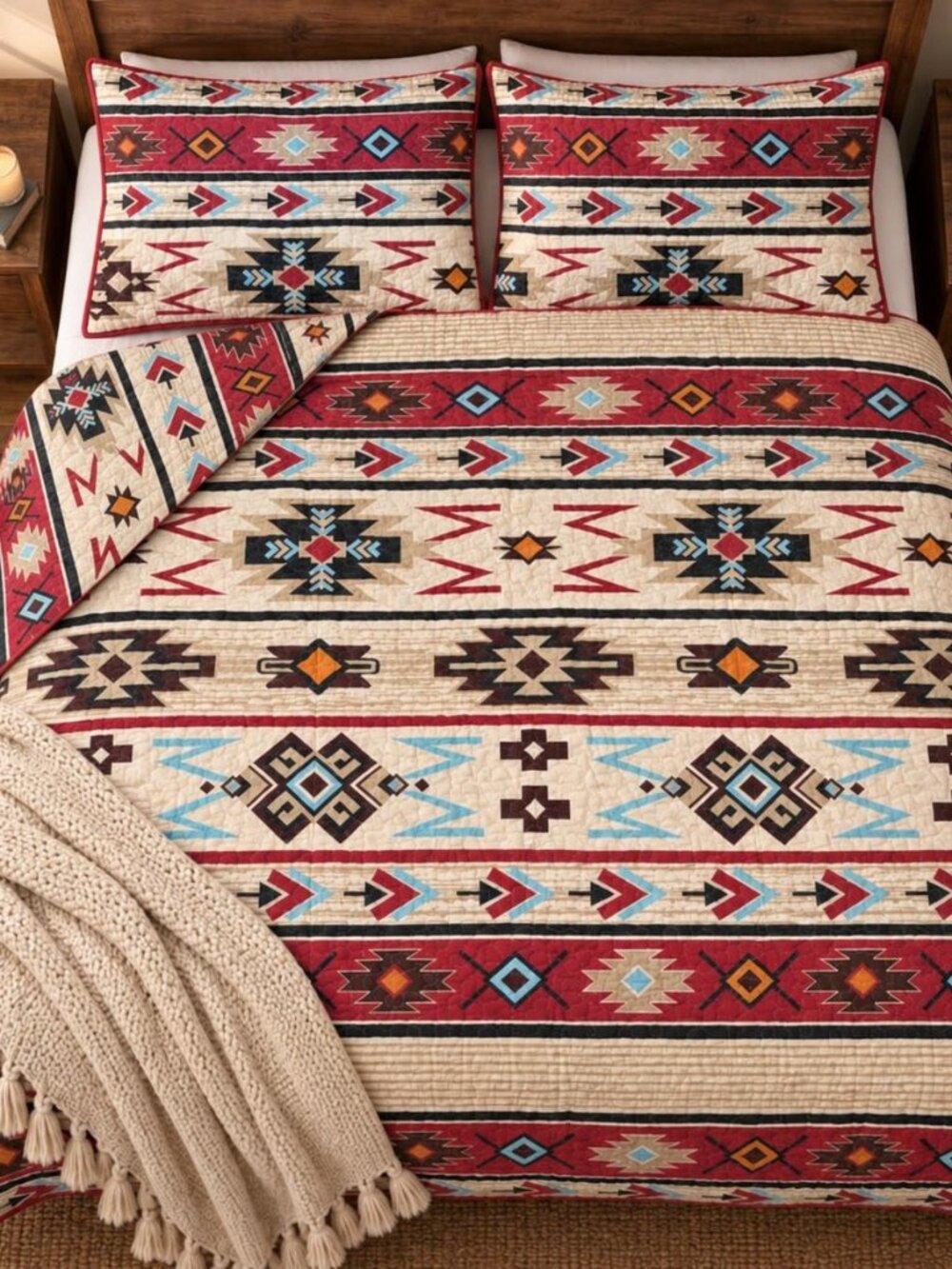 Rustic Striped Southwestern Quilt Stitched Western Bedspread Bedding Set with